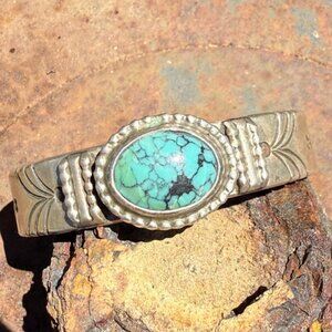 Vintage Navajo Stamped Sterling Silver Turquoise Cuff Bracelet Jimmy Yazzie